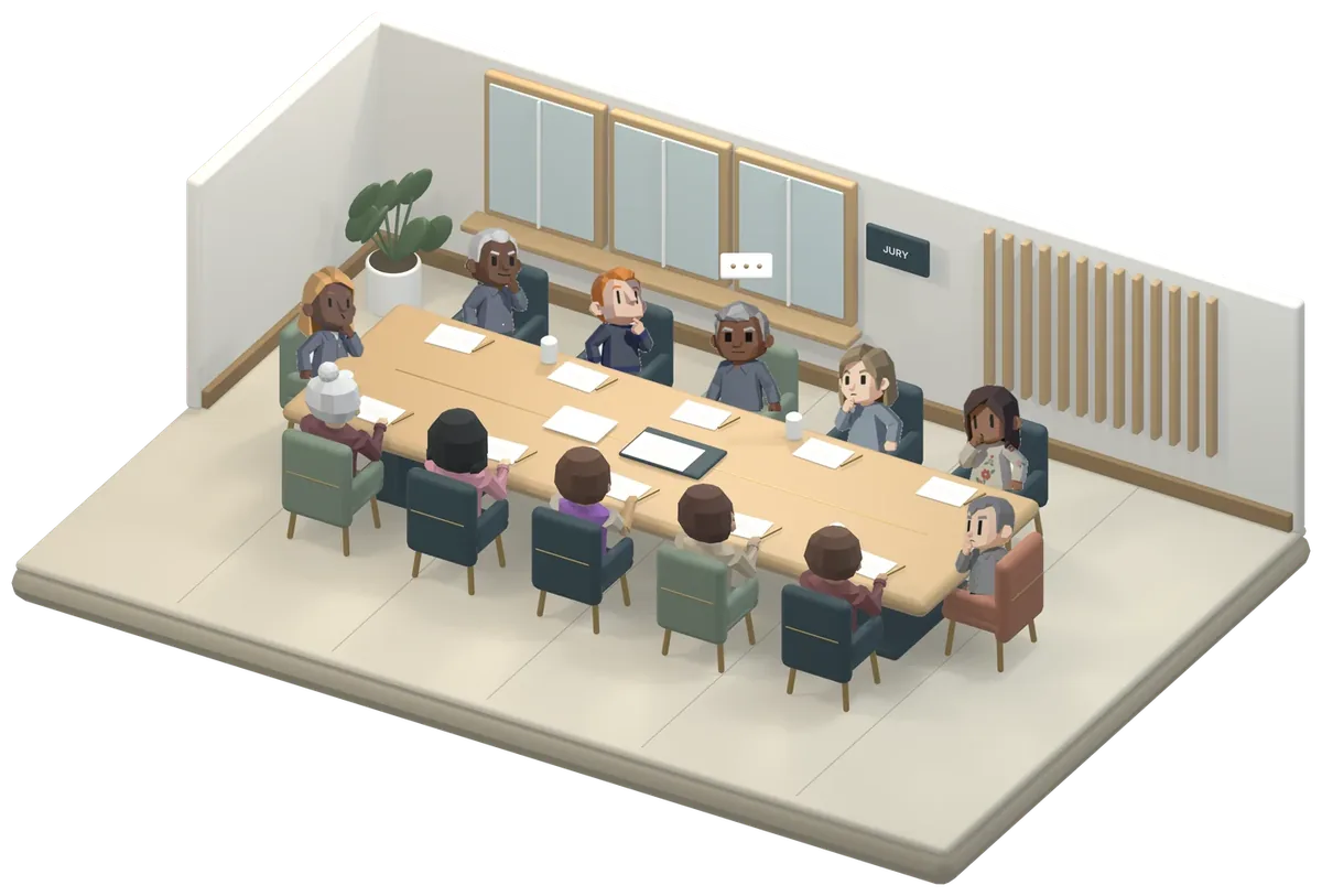 Twelve simulated jurors deliberating around a table